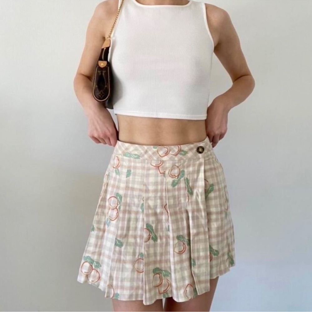 Urban Outfitters Plaid Embroidered Peach Print Wrap Pleated Skirt Size Small - Picture 3 of 11